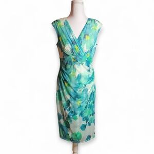 Blue Green Floral Sheath Dress Surplice V-Neck Ruched Waist Size 10
